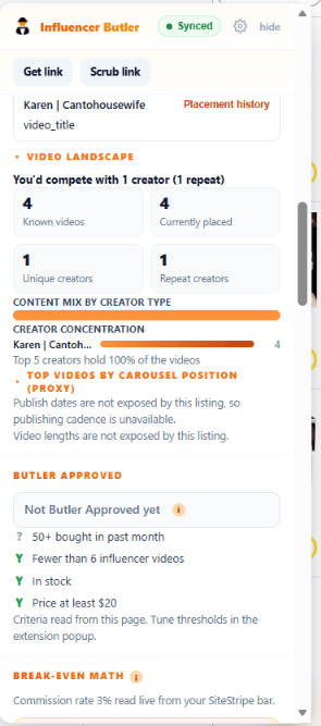 The middle of the extension panel: the Video Landscape (how many creators you would compete with, known and currently placed videos, unique and repeat creators), the content mix by creator type, and the Butler Approved criteria