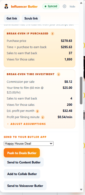The bottom of the extension panel: the break-even math (purchase price and time to earn back, the sales and views needed, profit per month and per filming minute) and the Send to your Butler app buttons