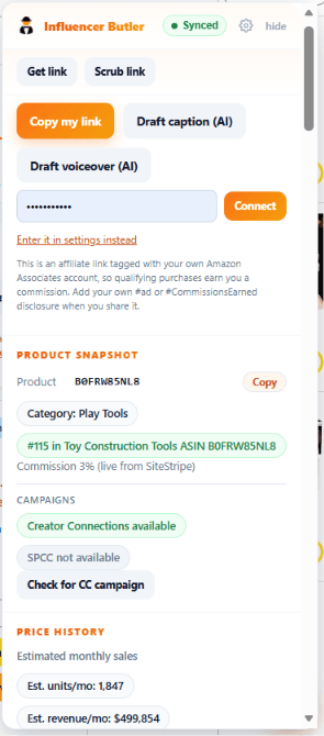 The top of the extension panel: the deep-link tools (Copy my link, Draft caption and voiceover), then the Product Snapshot with category, rank, and live commission from SiteStripe, Creator Connections availability, and price history with estimated monthly units and revenue