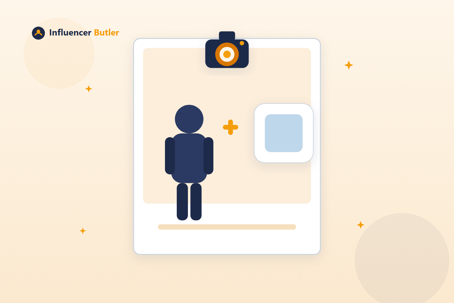Illustration of a camera frame compositing a simple geometric figure next to a real product icon, representing an AI likeness placed into a product photo