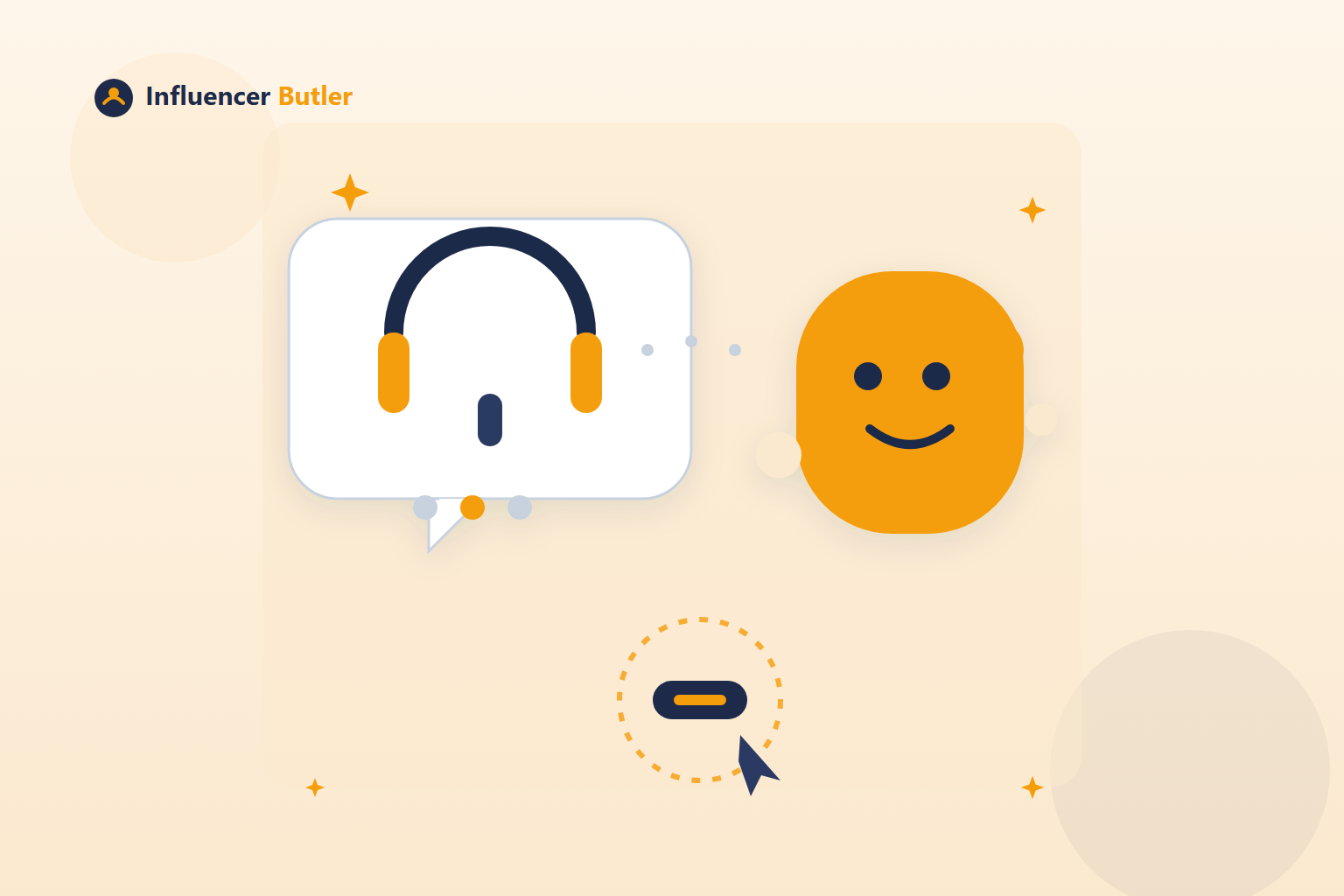 Illustration of a friendly abstract chat helper with a headset icon and a spotlight ring guiding a click, in the brand's warm orange and navy style