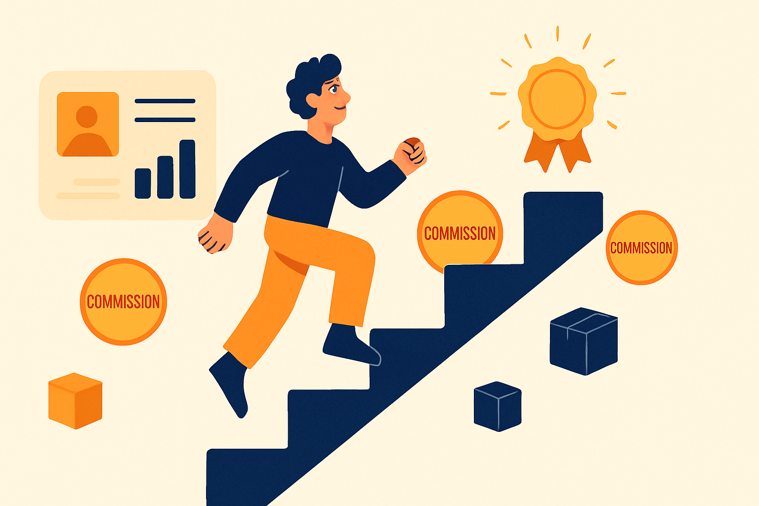 Illustration of a creator climbing a rising staircase toward a gold badge with floating dashboard cards