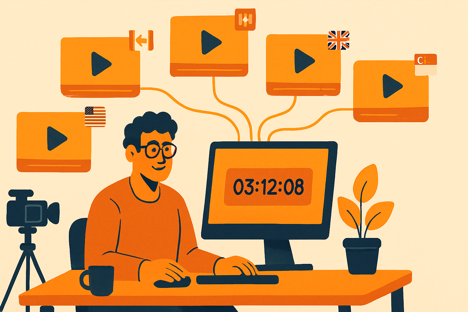Illustration of a creator preparing content across five Amazon marketplaces before Prime Day
