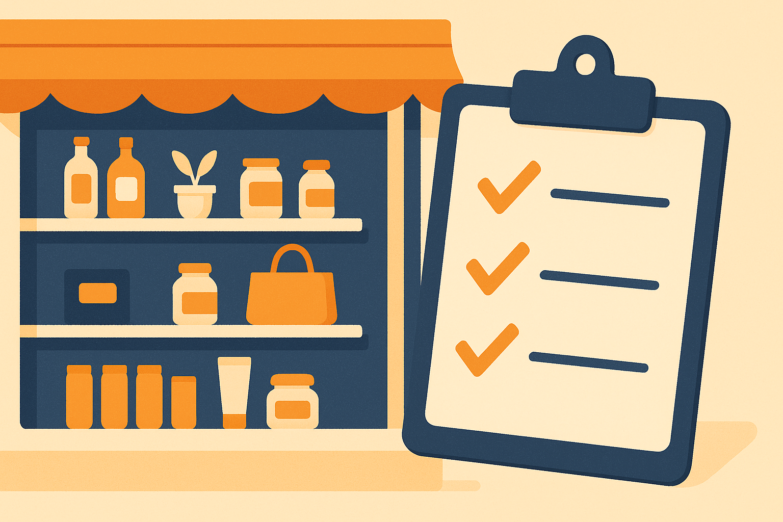 Illustration of a tidy storefront window arranged with curated product shelves