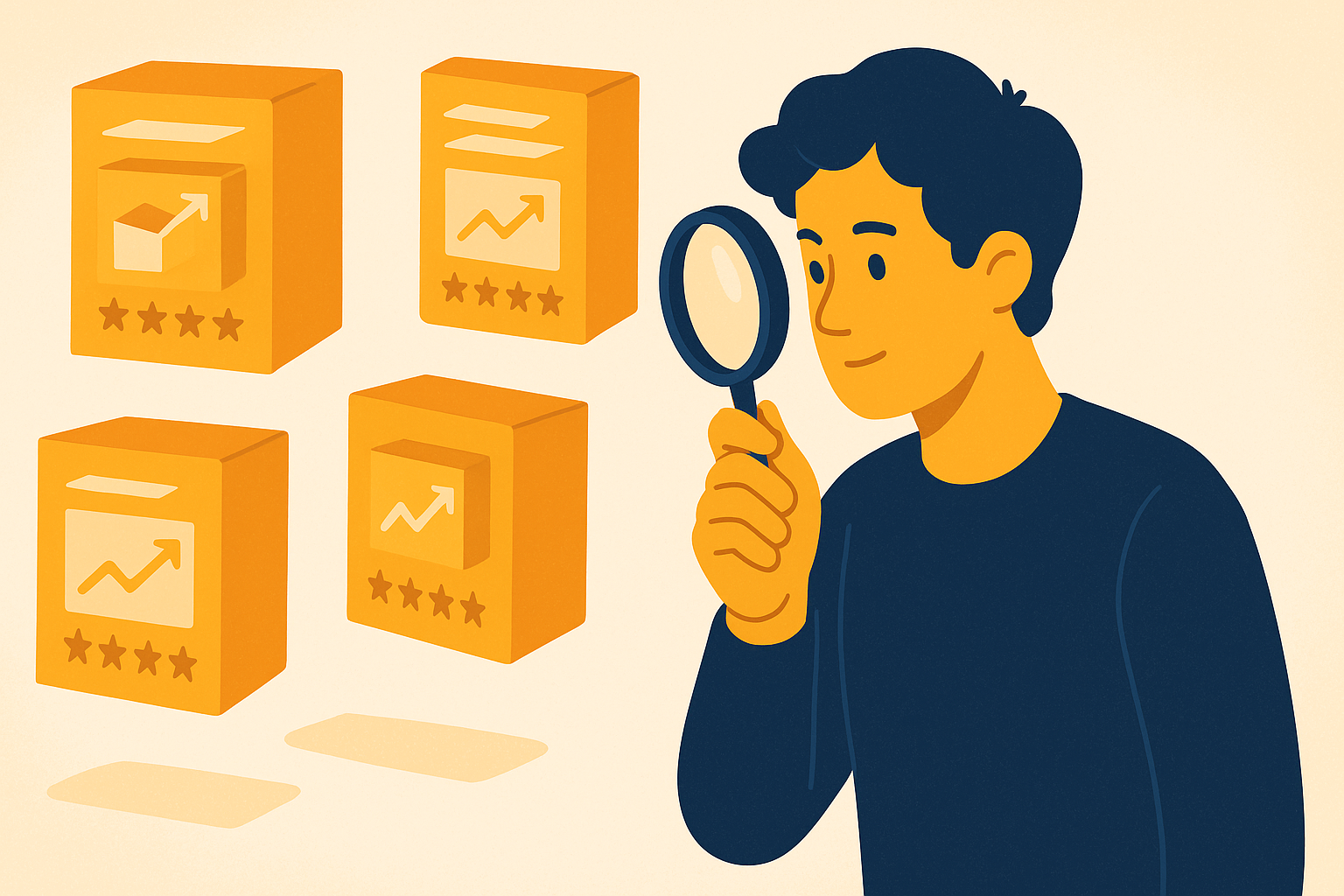 Illustration of products being analyzed with charts