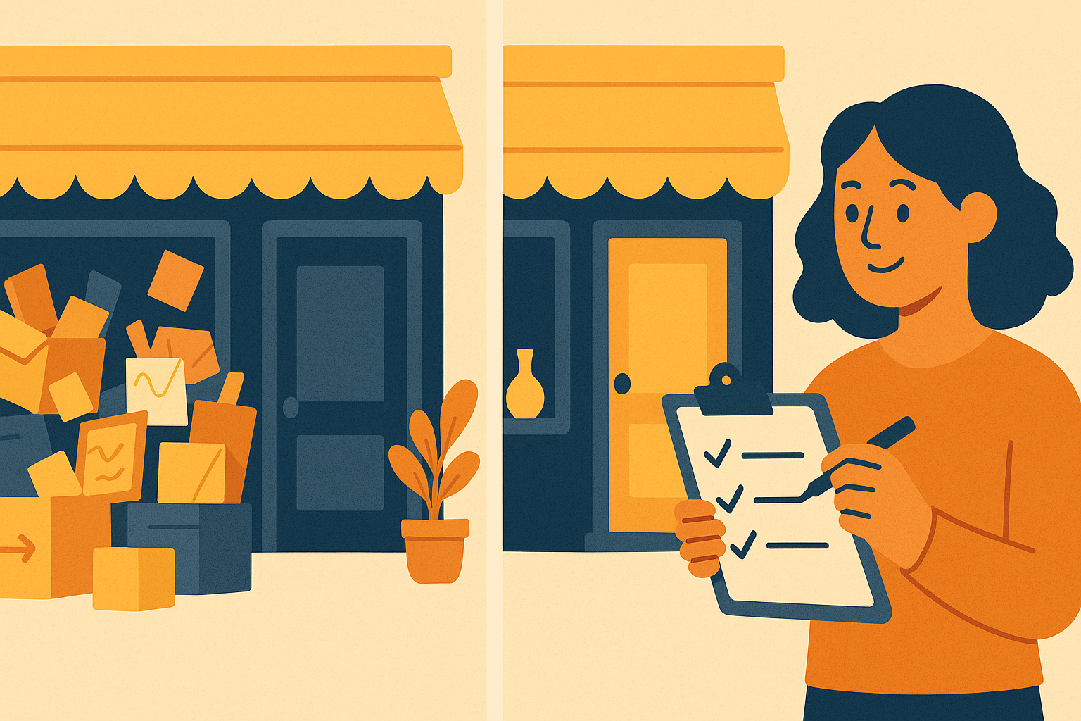 Illustration of a storefront before and after cleanup