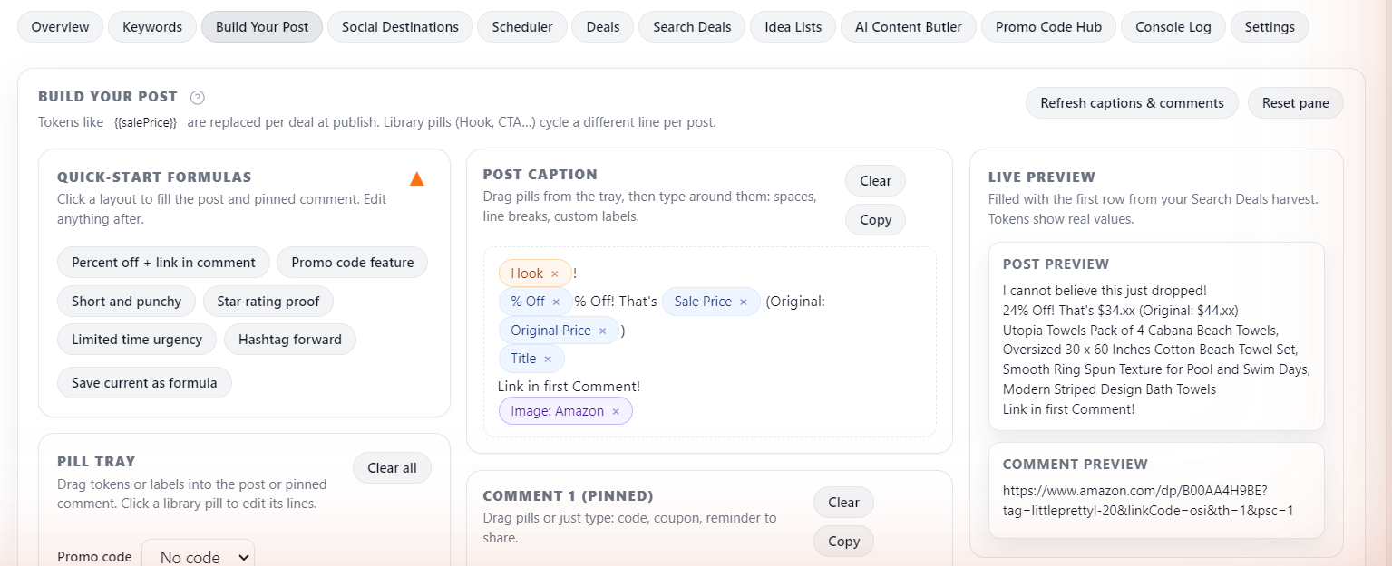 The Build Your Post tab with a caption template and preview
