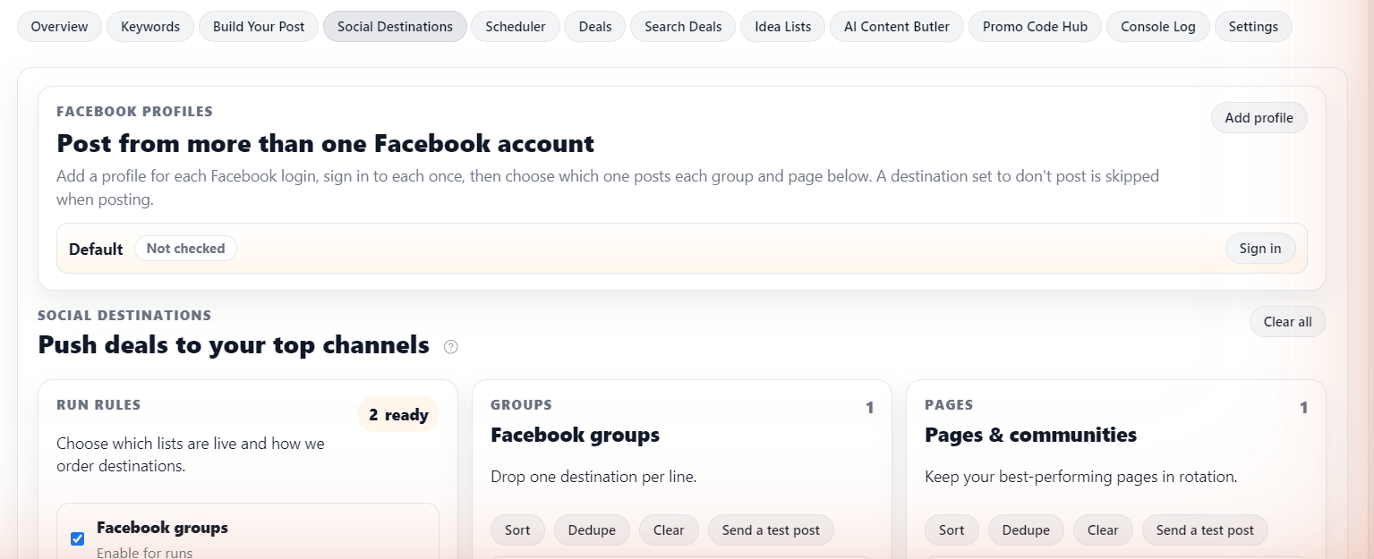 The Facebook profiles card with a signed-in profile and group dropdowns