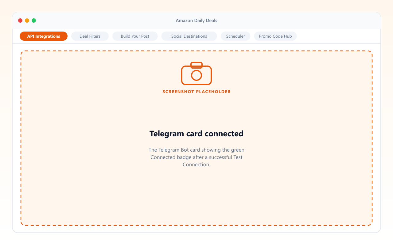 The Telegram card showing a green Connected badge after Test Connection