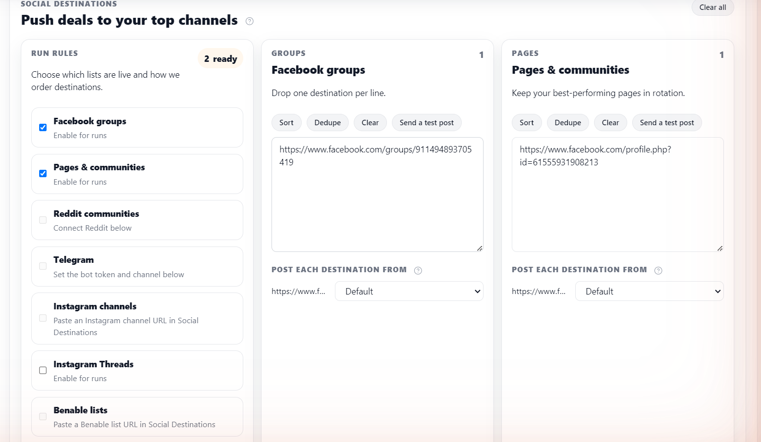 The Social Destinations tab with the Reddit toggle switched on