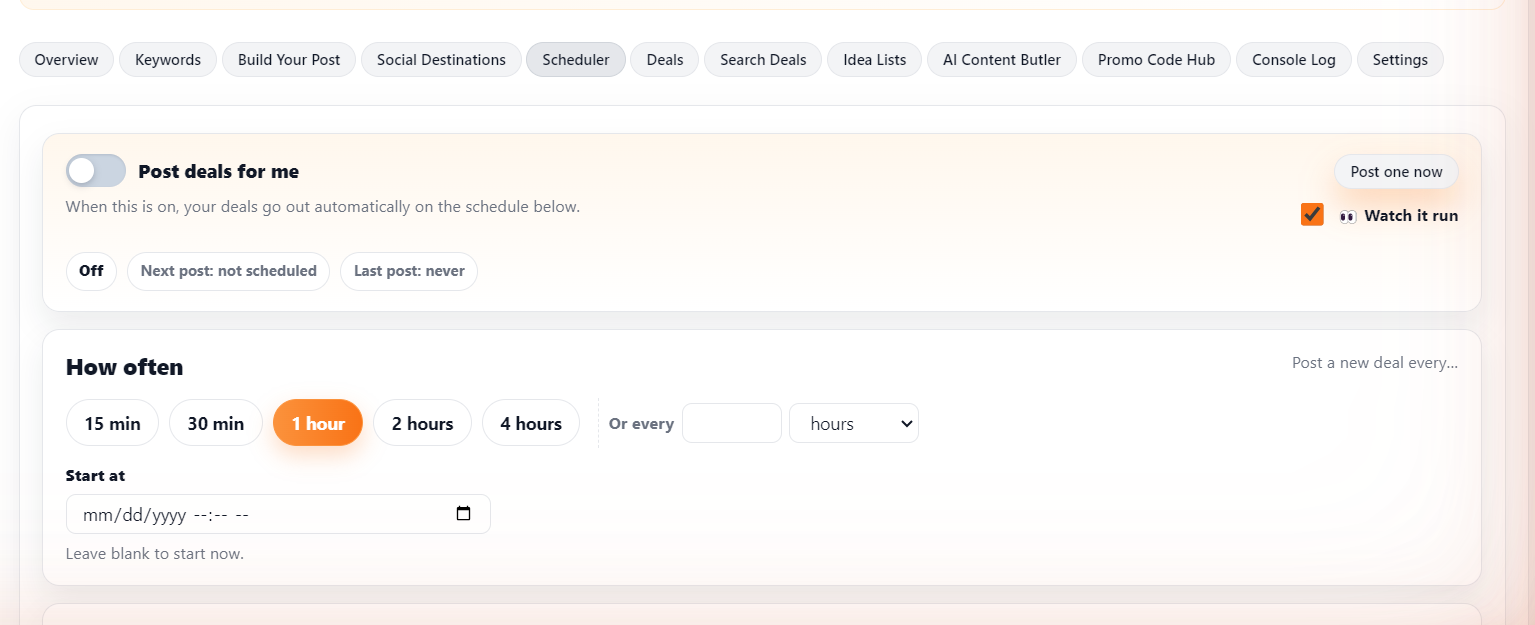 The Scheduler tab with the Post scheduler on and per-platform cadences