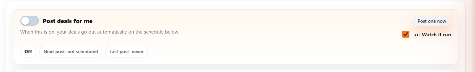 Clicking Run now to do one full search-and-post round