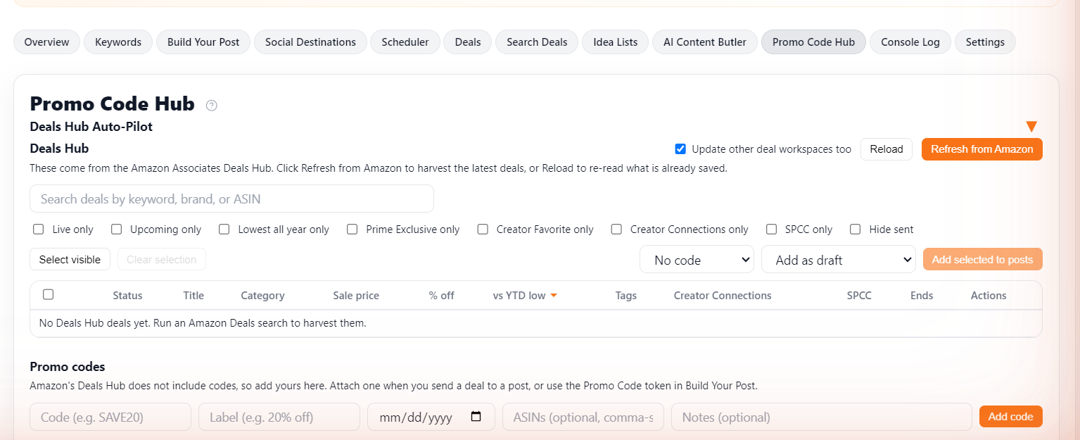 The Promo Code Hub tab with Auto-refresh and Deals Hub Auto-Pilot