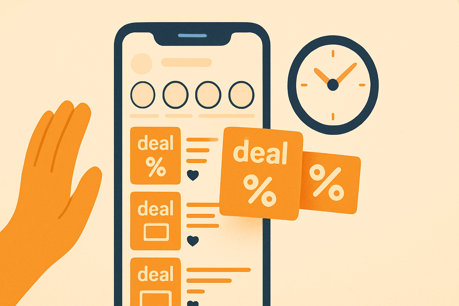 Illustration of a phone showing an Instagram channel filling with deal posts on a schedule