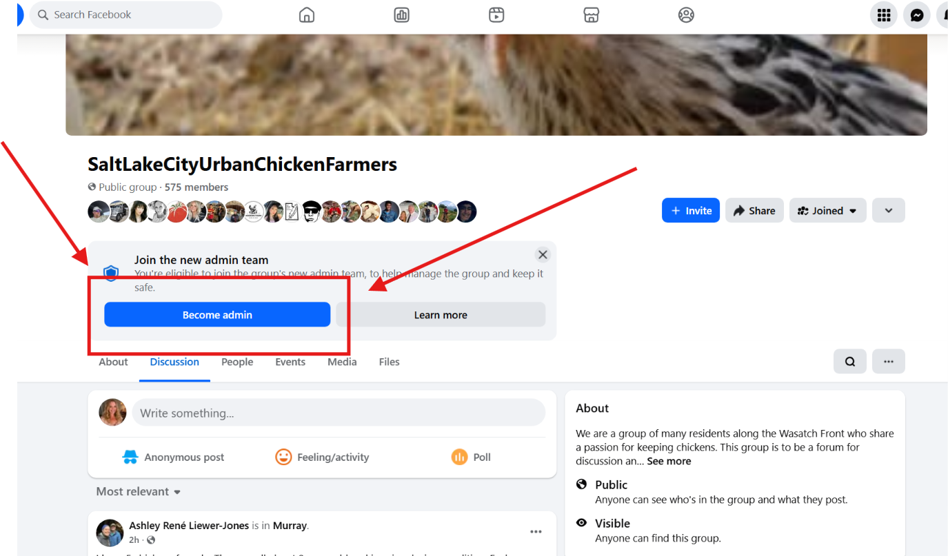 El banner de Facebook "Join the new admin team" con un botón "Become admin" en un grupo sin admin