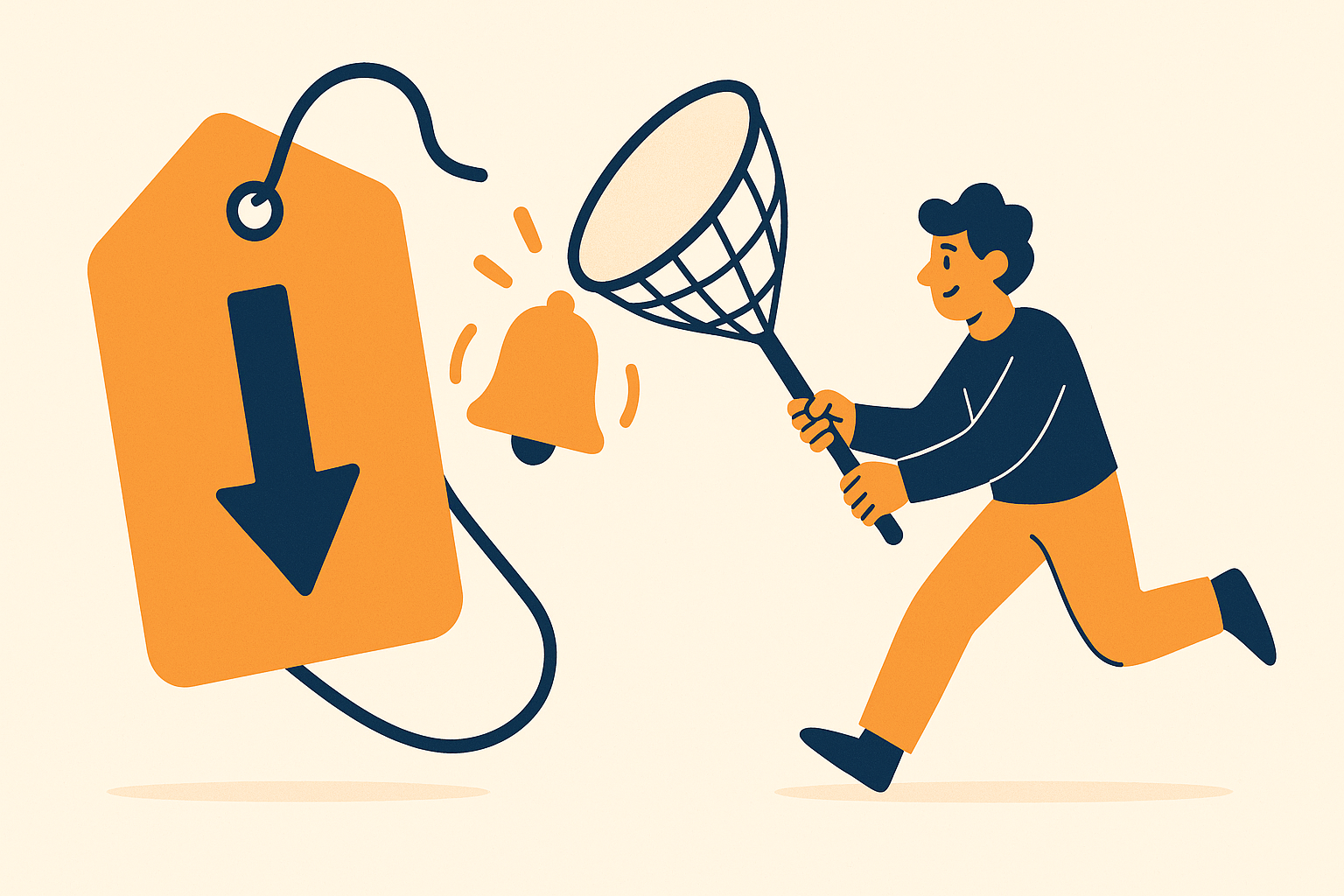 Illustration of a price tag dropping sharply with an alert bell ringing