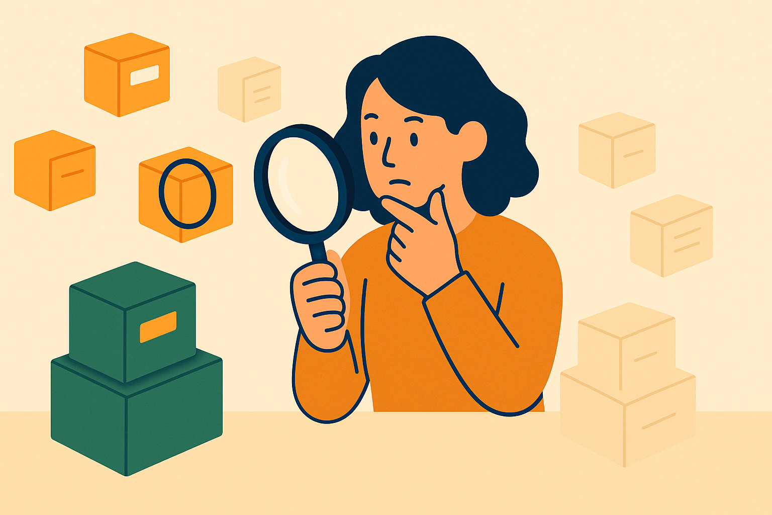Illustration of a creator sorting products into keep and skip piles
