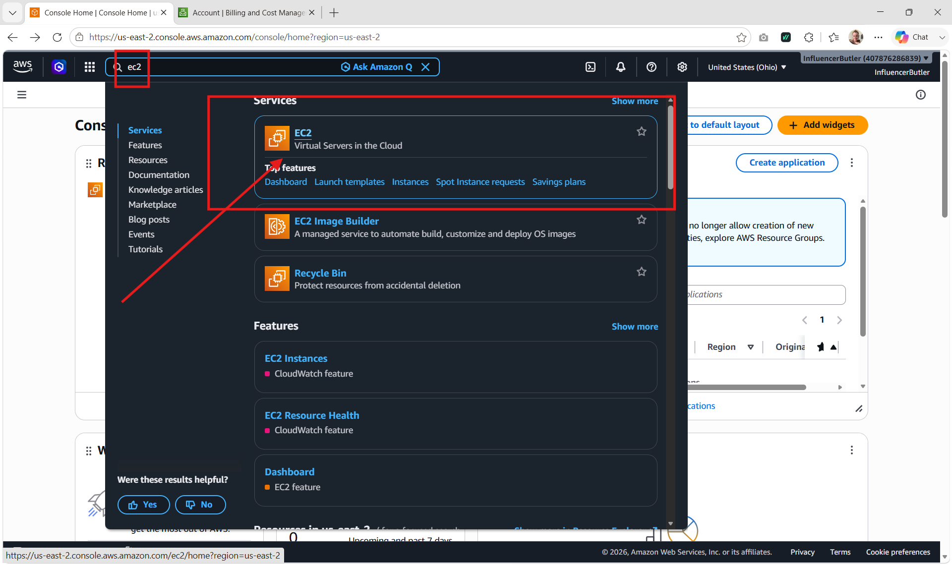 Opening EC2 from the AWS search bar