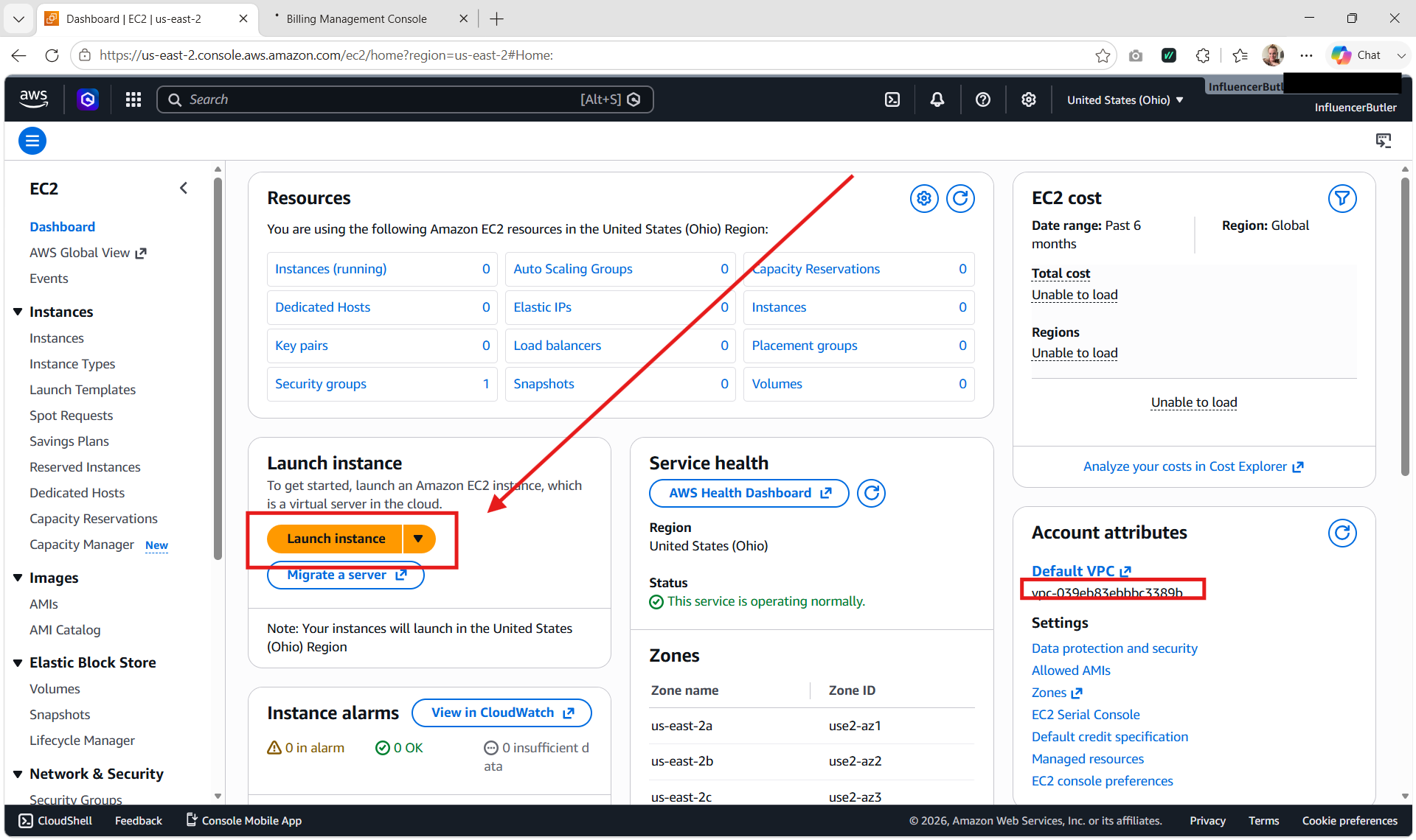 The EC2 Launch instance button