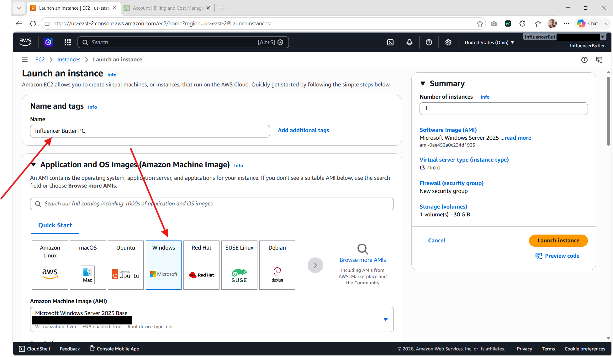 Naming the instance and choosing Windows