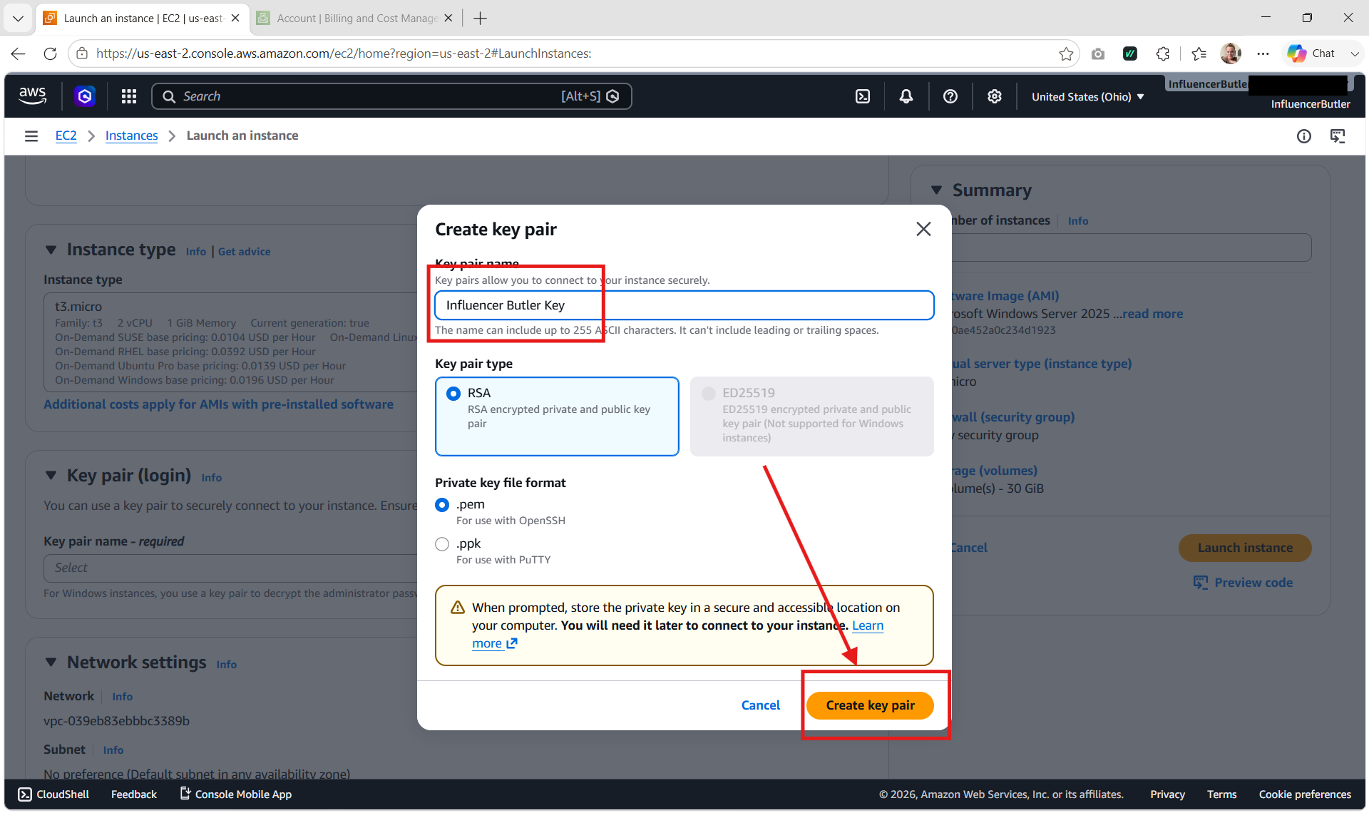 Creating a key pair