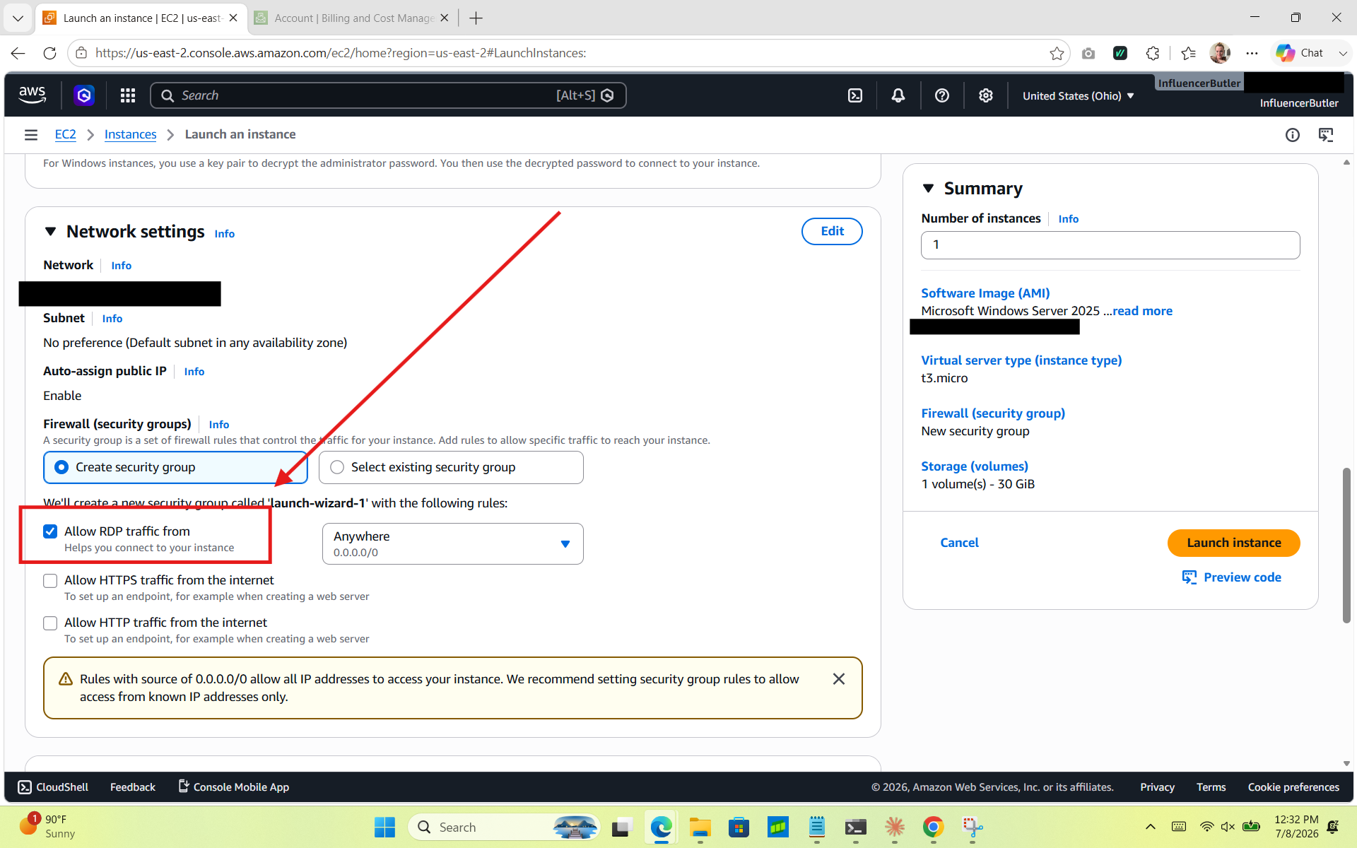 Allowing Remote Desktop in network settings