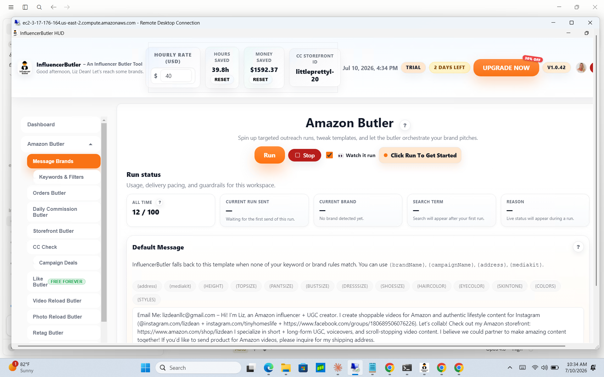 Influencer Butler running on the cloud PC