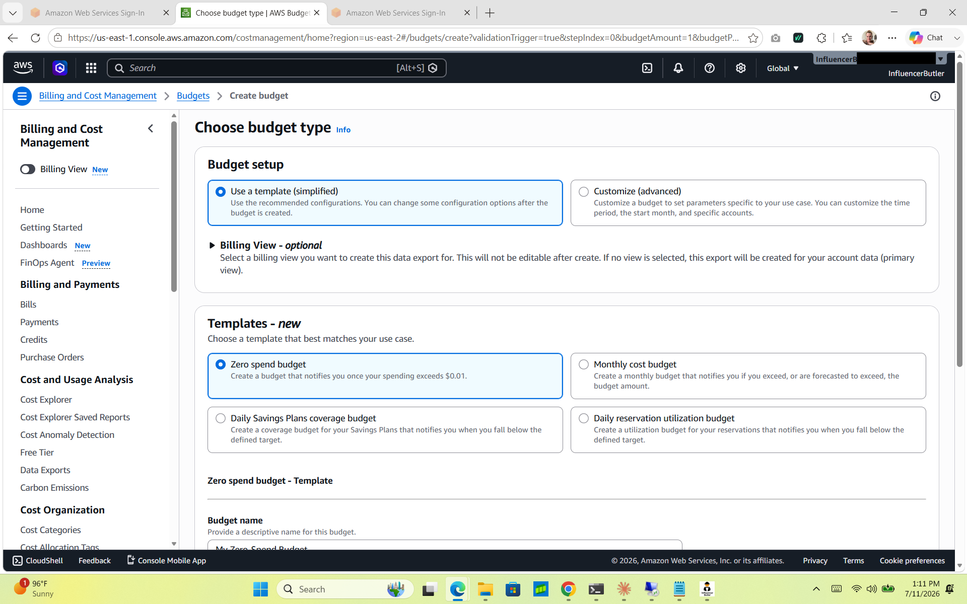 Setting a billing alarm in AWS Budgets