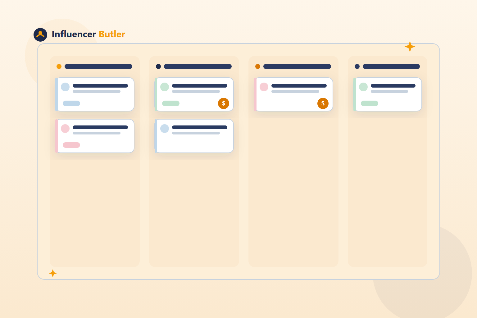 Illustration of a Kanban-style board with columns of collab cards, one card showing a dollar-sign payout chip