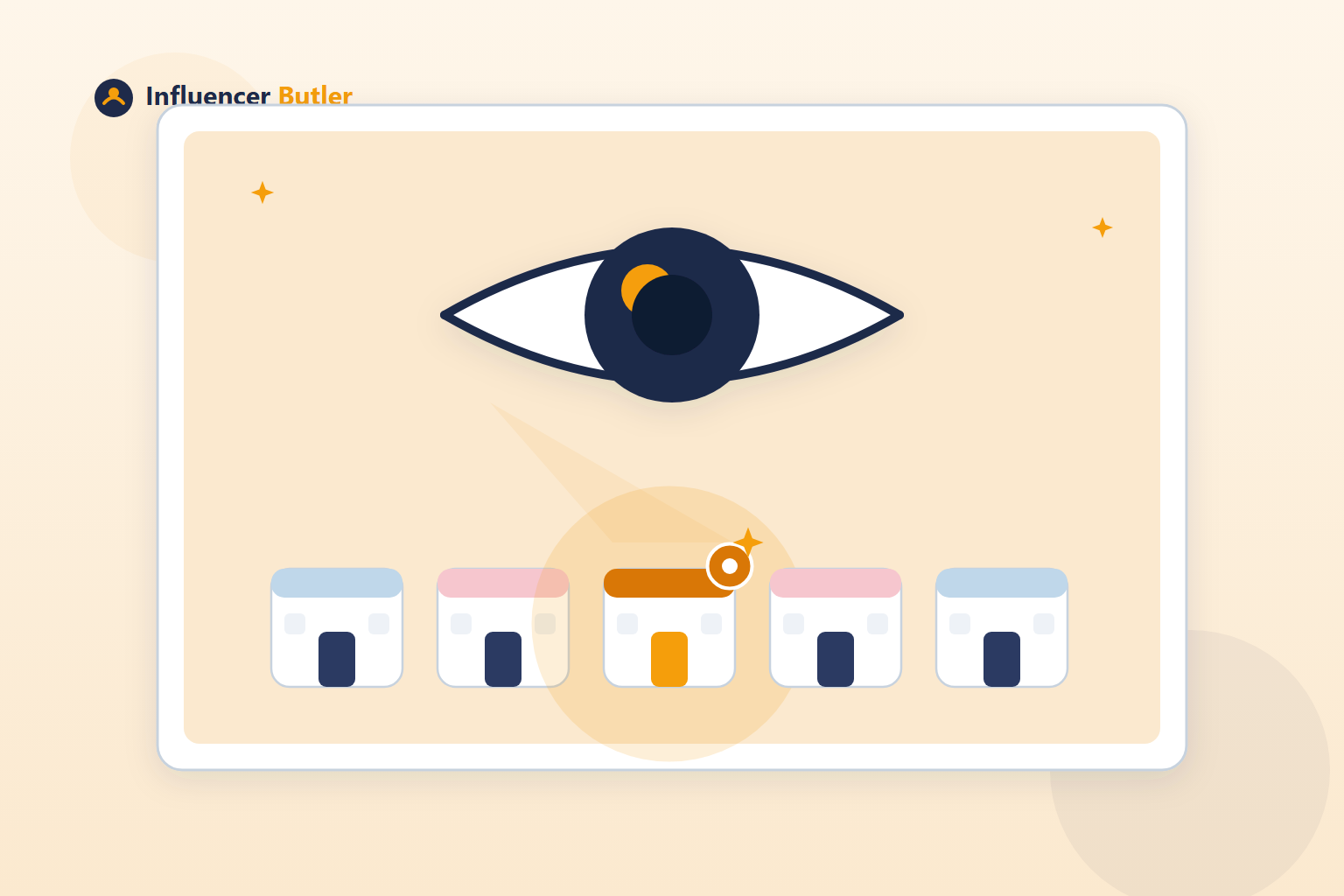 Illustration of an eye watching a row of storefront icons, with one lighting up with an orange notification badge