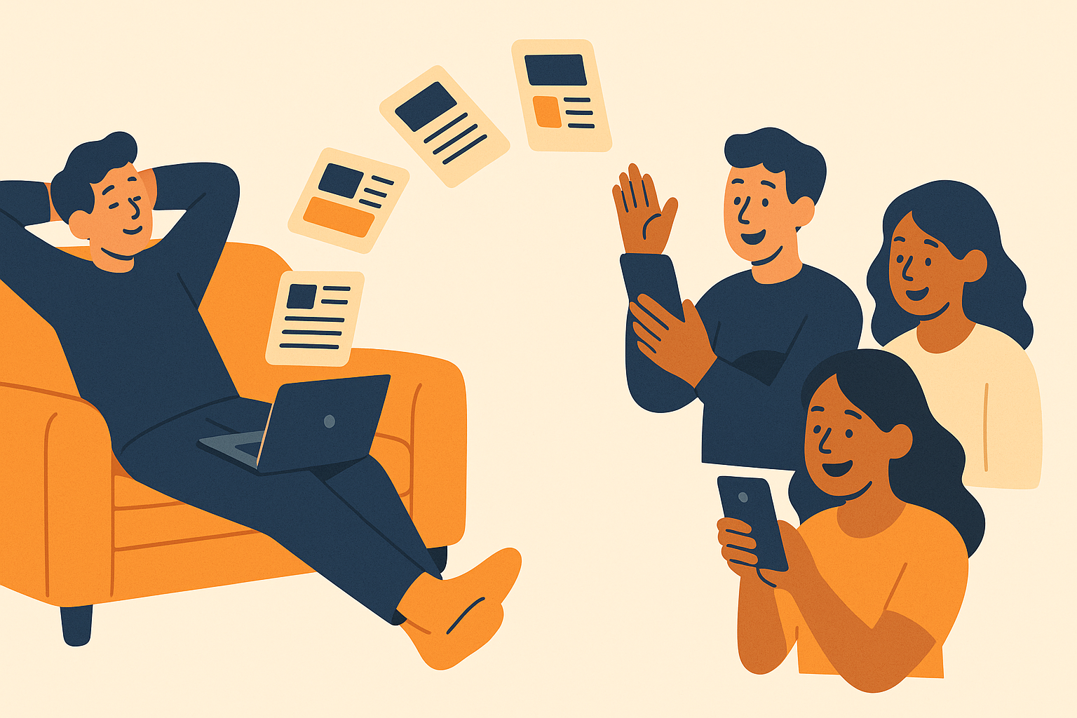 Illustration of a creator posting daily deal cards to a happy audience