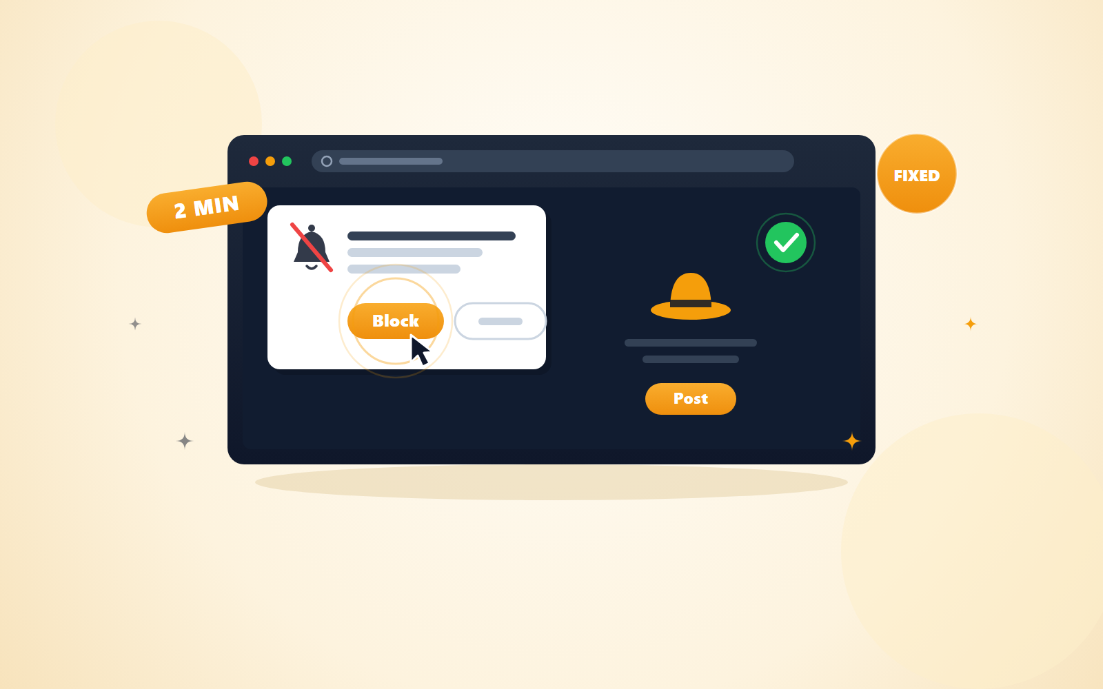 Illustration of a browser notification permission popup being blocked so a butler can get back to work