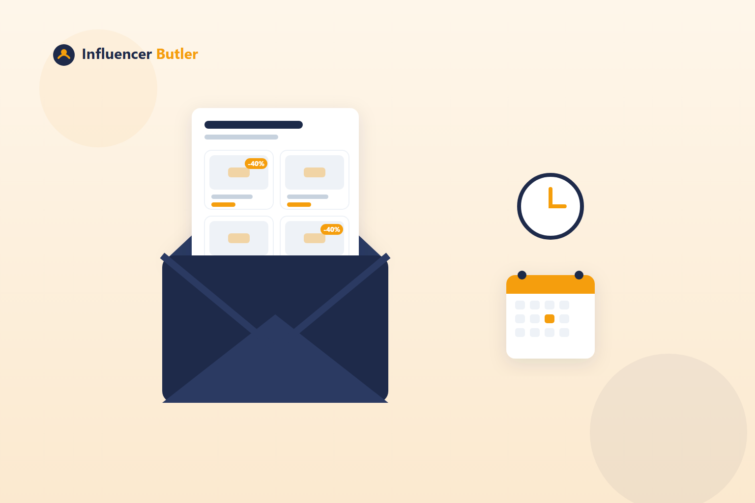 Illustration of an open envelope with a newsletter of deal tiles sliding out, a clock and calendar beside it for scheduled sends