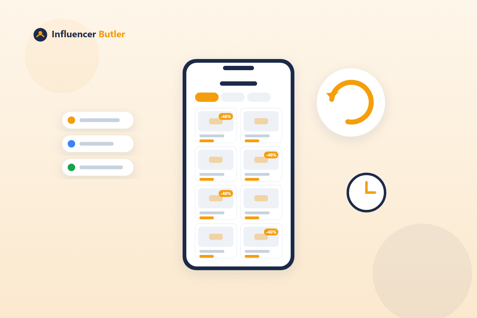 Illustration of a phone bio page where a grid of deal tiles with percent-off badges refreshes itself
