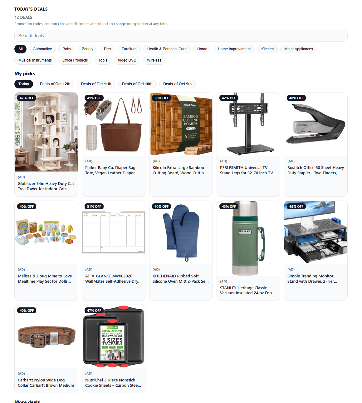 The Today's Deals section on the Happy House Deals page: deal count, search, category buttons, day tabs, My picks and More deals tiles with percent-off badges
