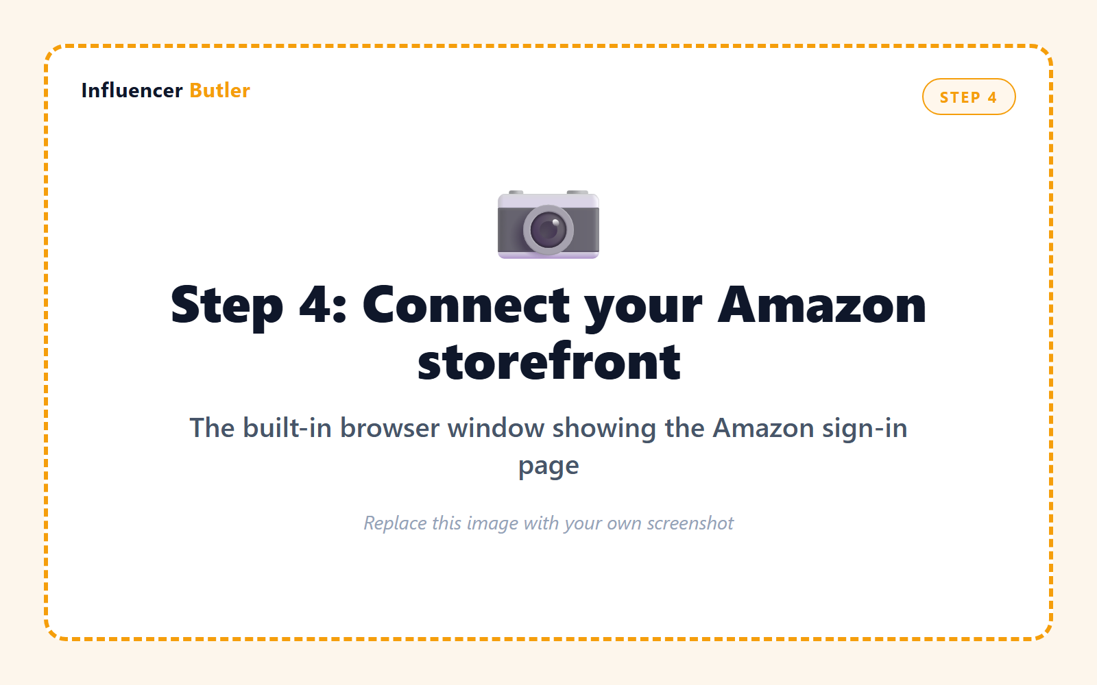 Cowork prompt: take a screenshot of the Influencer Butler built-in browser window showing the Amazon sign-in page during setup