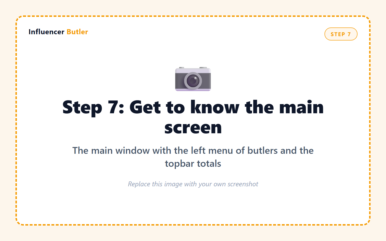 Cowork prompt: take a screenshot of the Influencer Butler main window showing the left menu of butlers and the topbar with running totals