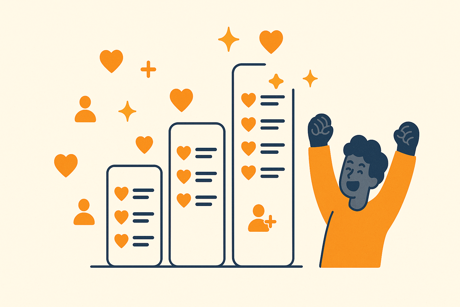 Illustration of recommendation lists rising in popularity with hearts and follows