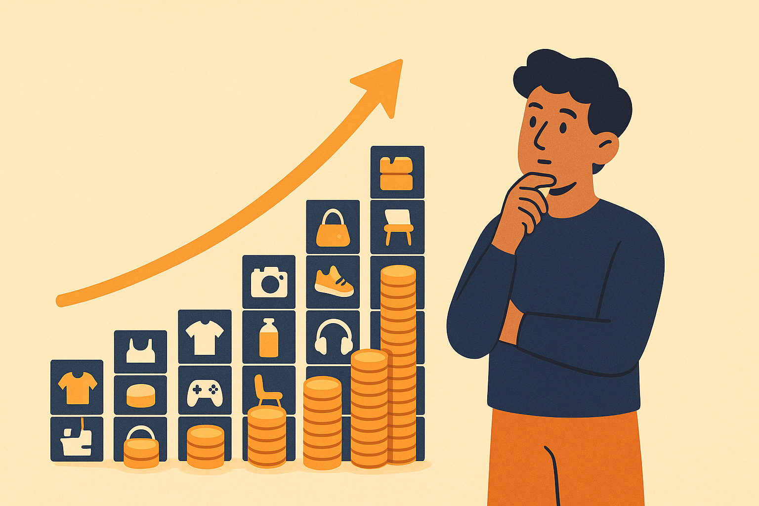 Illustration of a rising earnings chart made of product thumbnails and coins