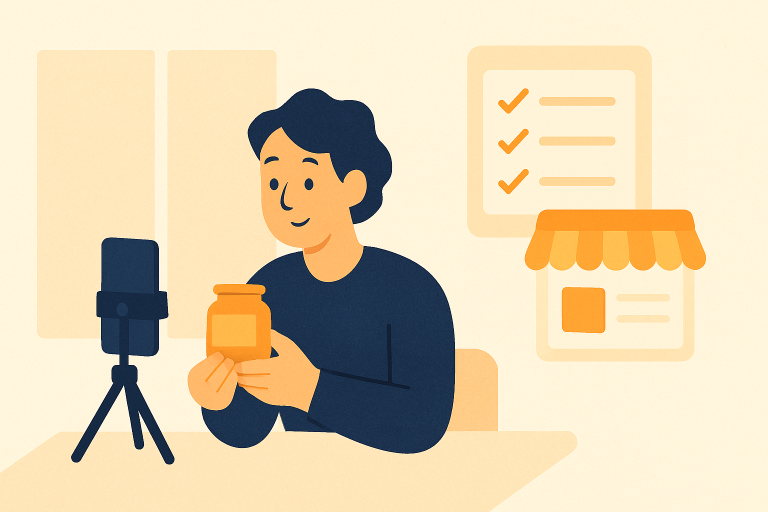 Illustration of a beginner creator filming a product review video with a phone, with an Amazon storefront and progress checklist in the background