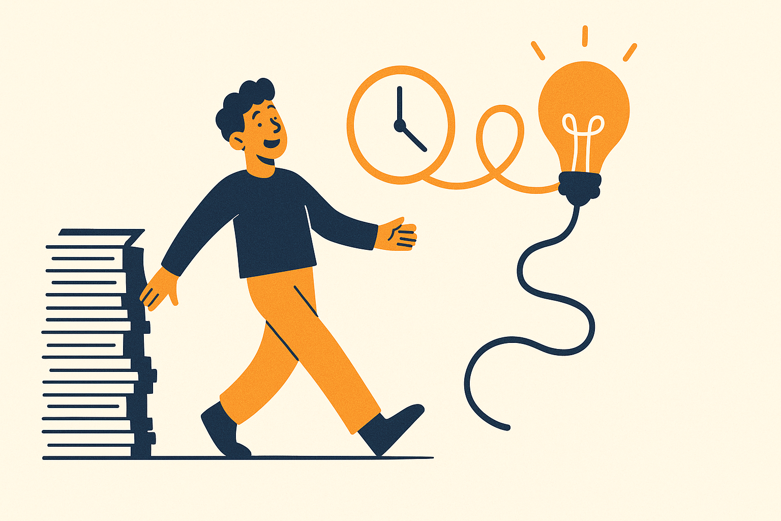 Illustration of a creator reclaiming time as a clock unwinds into free hours