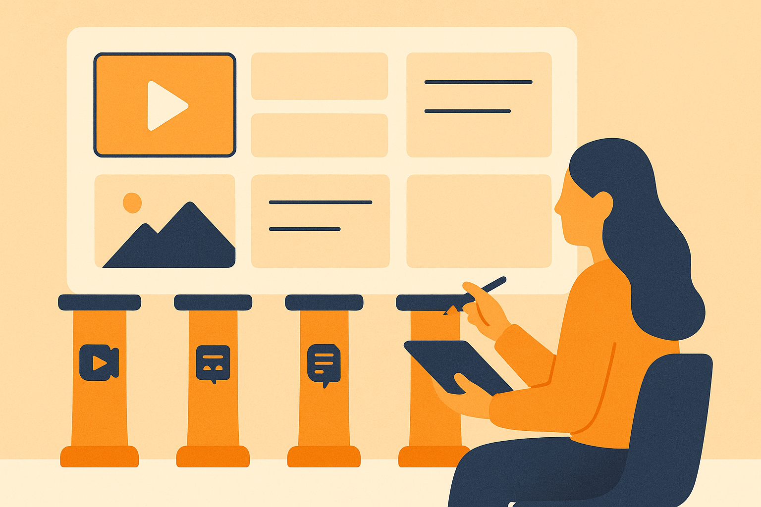 Illustration of content pillars holding up a feed