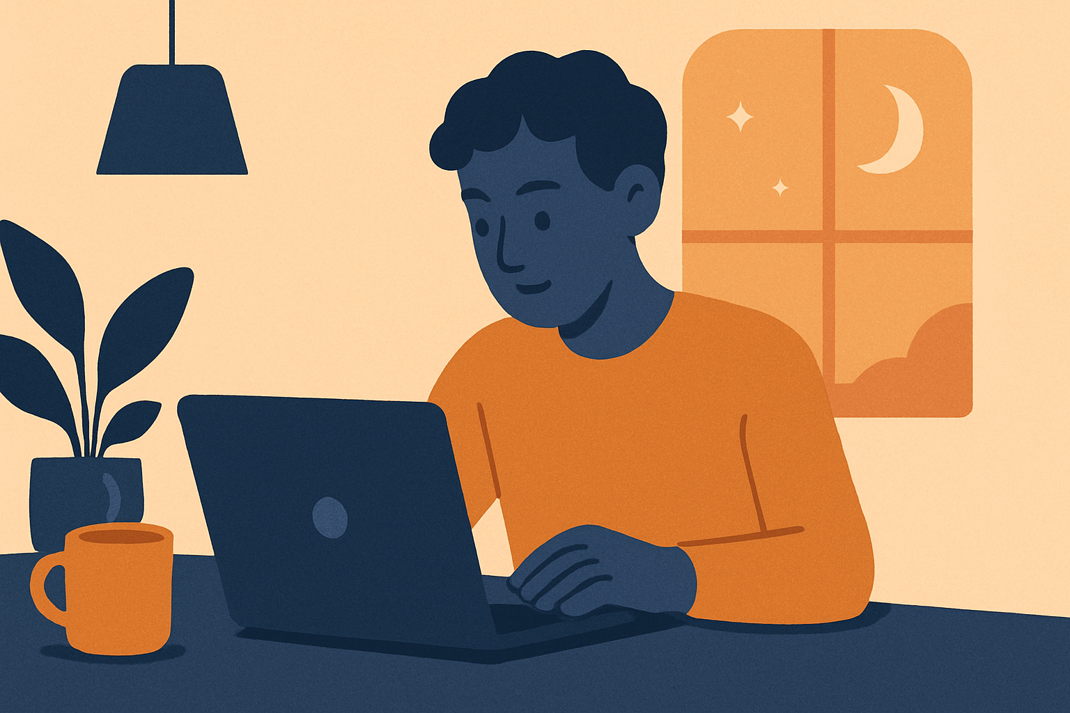 Illustration of a creator doing a calm last check on a laptop the evening before a big event