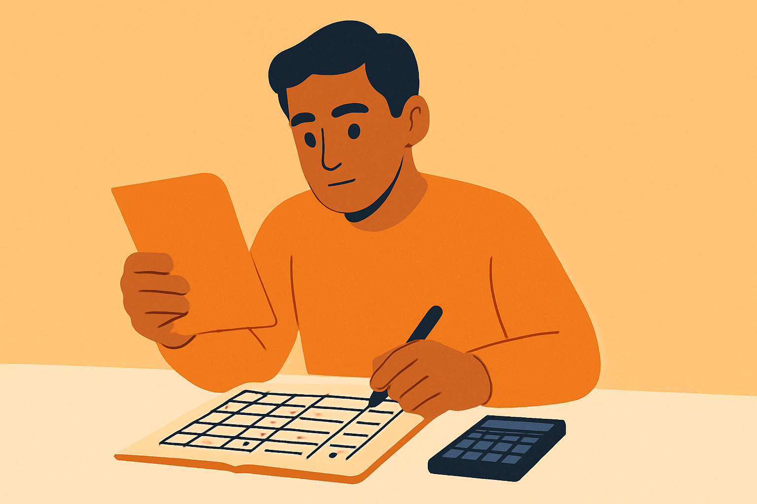 Illustration of a creator checking event earnings against returns and adjustments on a ledger