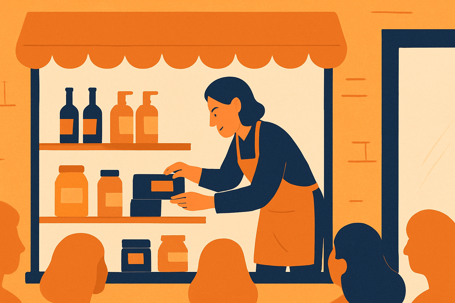 Illustration of a creator tidying and filling shelves on a storefront page before a rush of shoppers arrives