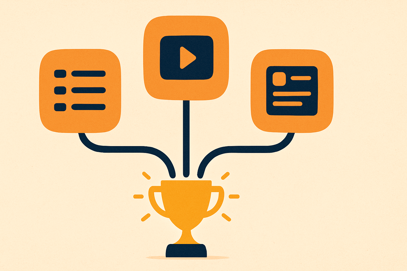Illustration of a single winning product branching into several pieces of lasting content