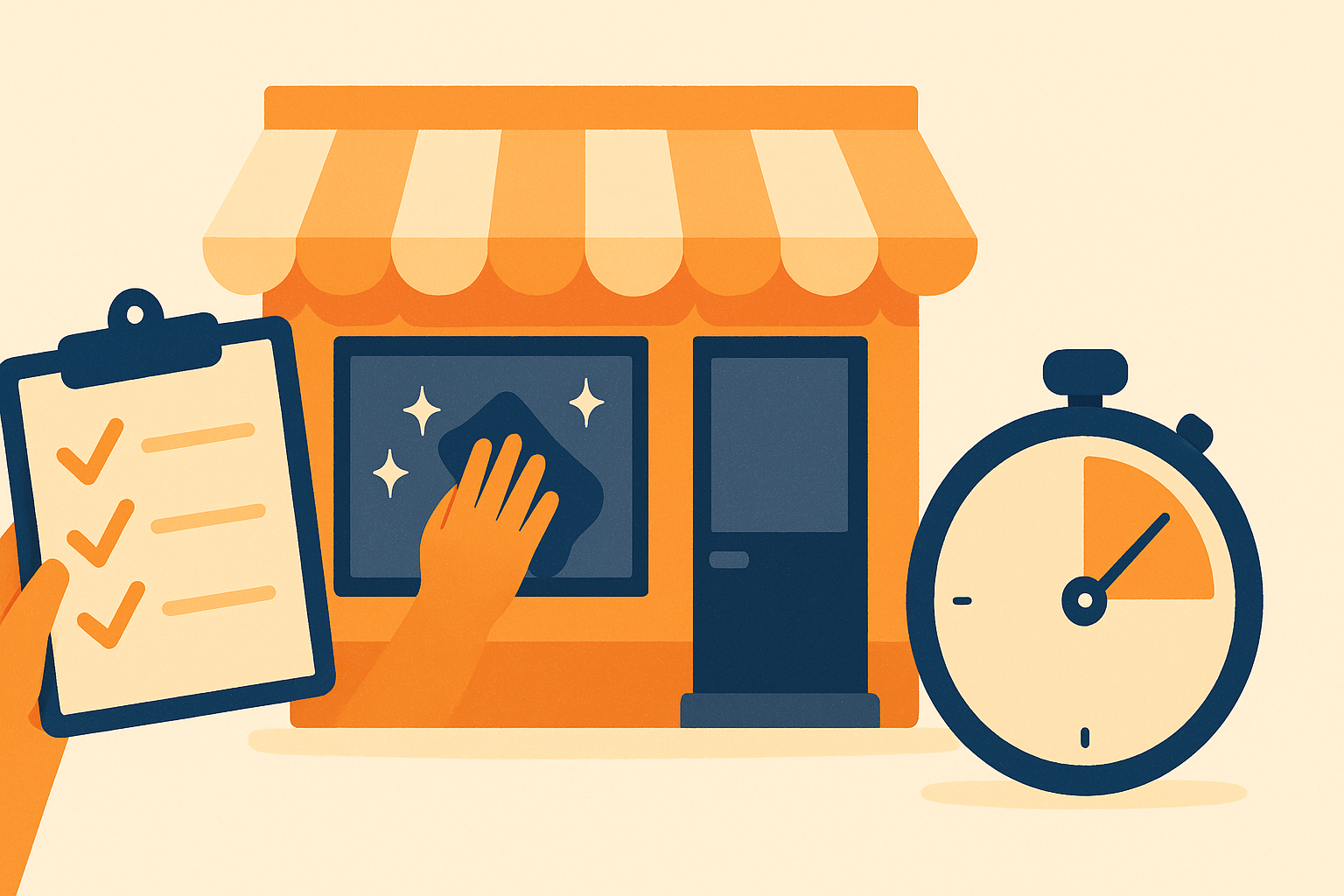 Illustration of a storefront being prepped with a checklist before a big sale