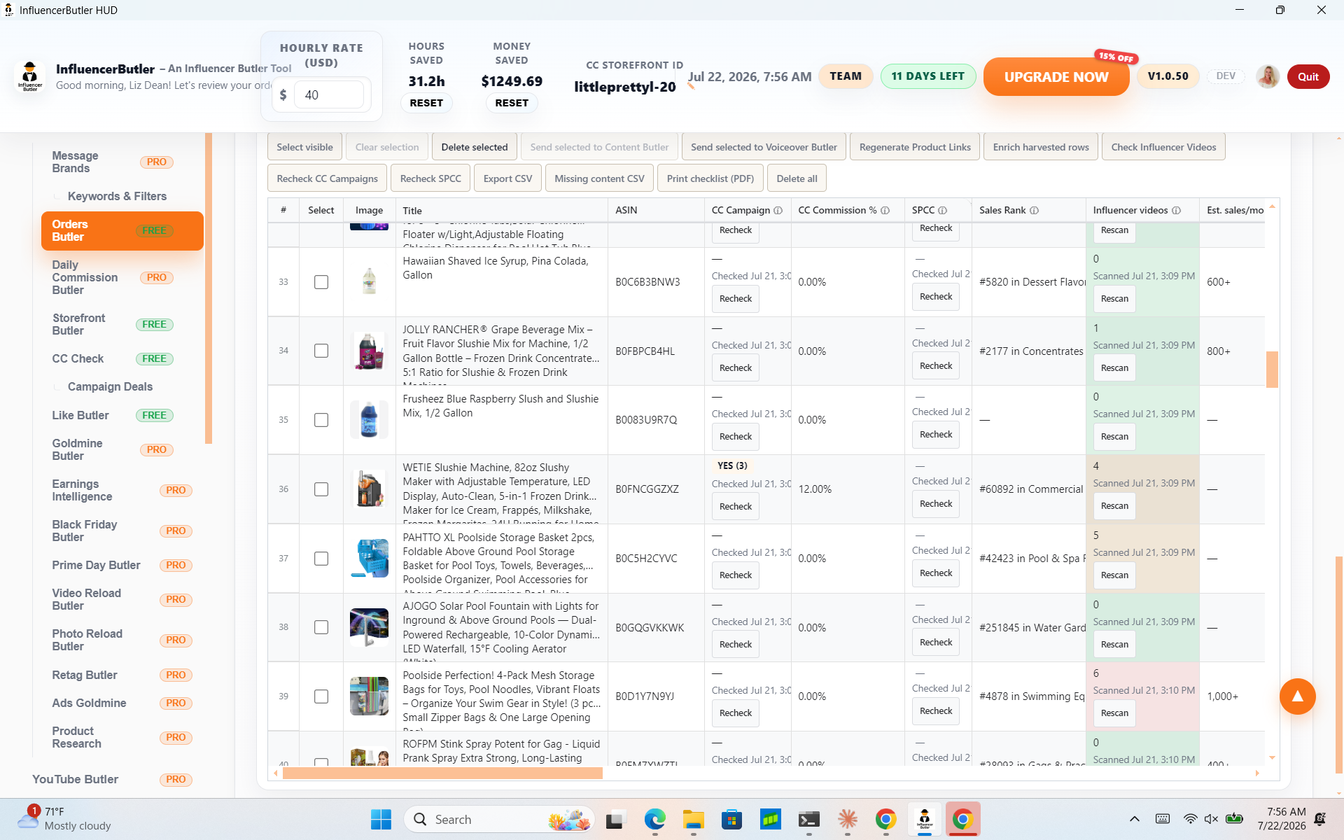 The Orders Butler results table showing the Sales Rank, Influencer videos, and Est. sales per month columns