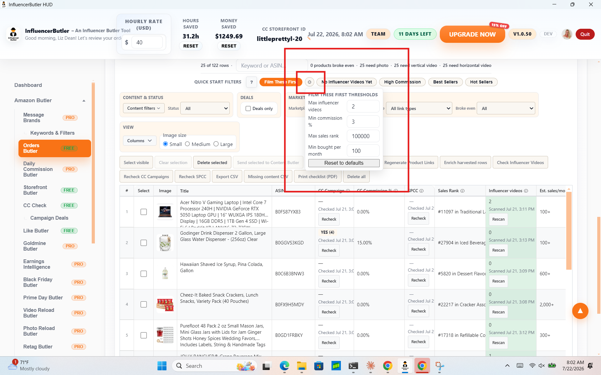 The Film These First thresholds panel with fields for max influencer videos, minimum commission, max sales rank, and minimum bought per month