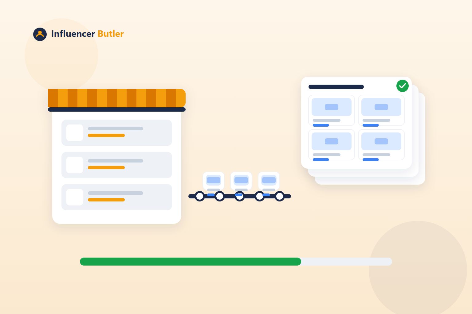 Illustration of a storefront full of idea lists feeding a conveyor that stacks up finished Walmart collections with status ticks